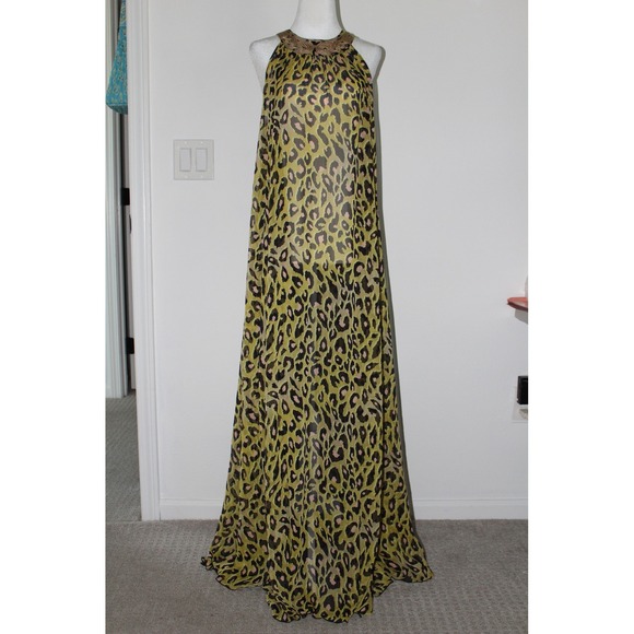 H&M Dresses & Skirts - H&M Women's Leopard Halter Maxi Dress Gold Embroidered Chartreuse Sleeveless M/L